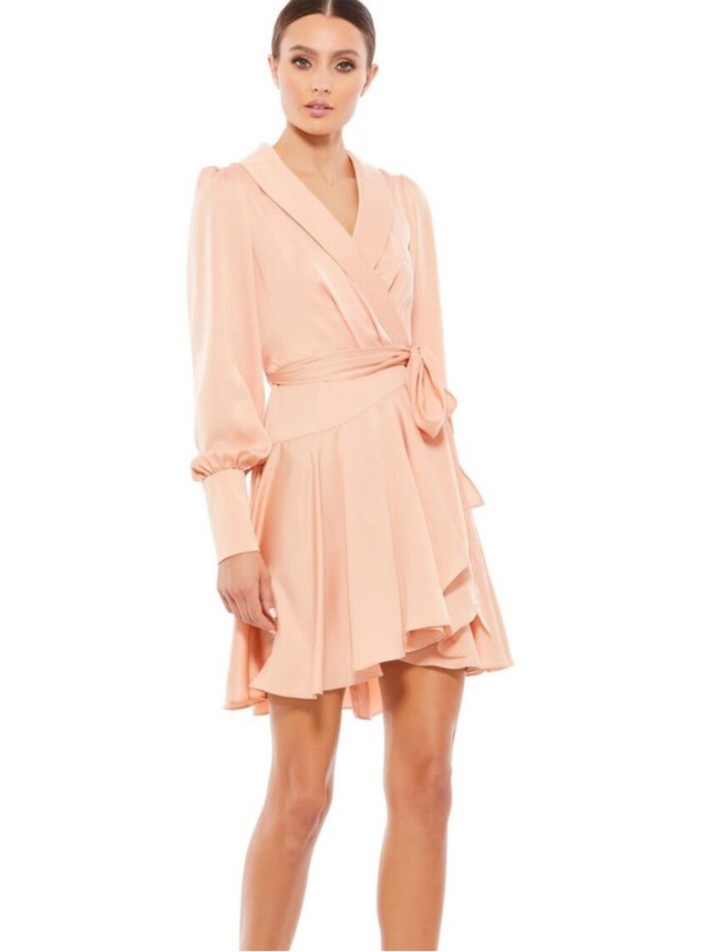 Mac Duggal Wrap-Style Long Sleeve Mini Dress